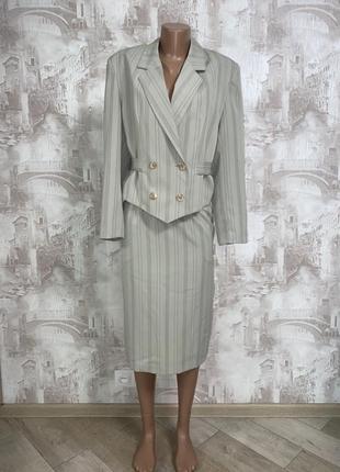 Бежевый винтажный костюм в полоску с юбкой,приталенный пиджак,миди юбка(014)2 фото