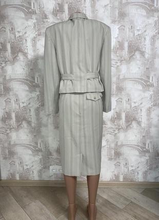 Бежевый винтажный костюм в полоску с юбкой,приталенный пиджак,миди юбка(014)3 фото