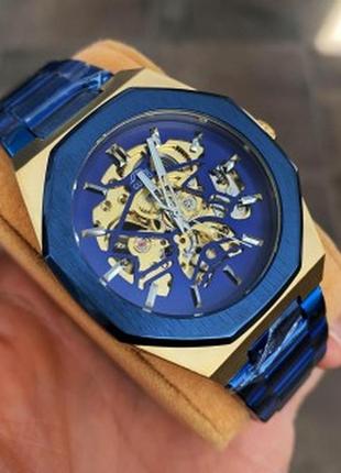 Стальные мужские механические наручные часы с автоподзаводом gusto skeleton blue gold оригинал4 фото