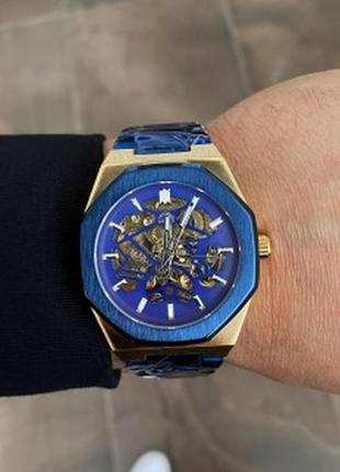 Стальные мужские механические наручные часы с автоподзаводом gusto skeleton blue gold оригинал5 фото