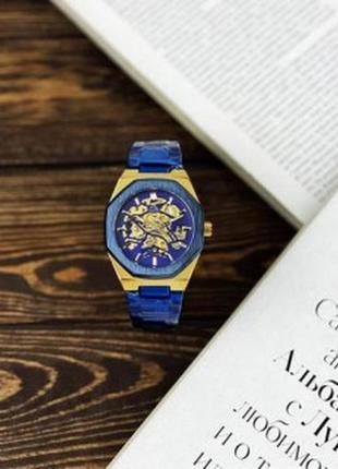 Стальные мужские механические наручные часы с автоподзаводом gusto skeleton blue gold оригинал7 фото