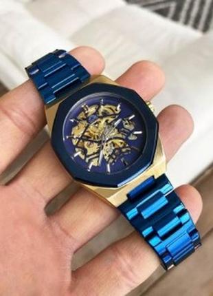 Стальные мужские механические наручные часы с автоподзаводом gusto skeleton blue gold оригинал10 фото