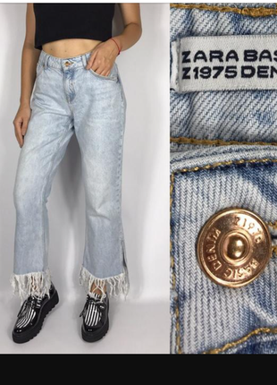 Голубые джинсы с бахромой и разрезами zara6 фото
