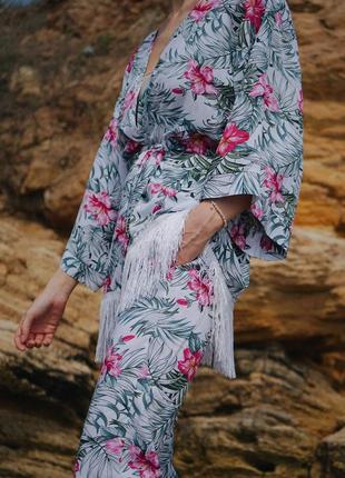 Люксовый брючный костюм кимоно тропический принт с бахромой натуральный штапель5 фото