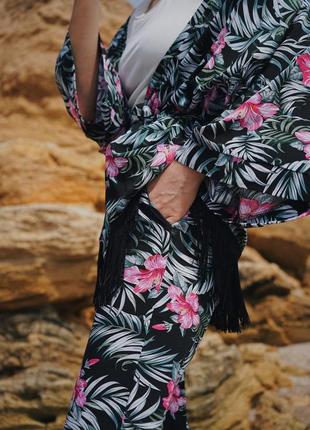 Люксовый брючный костюм кимоно тропический принт с бахромой натуральный штапель6 фото