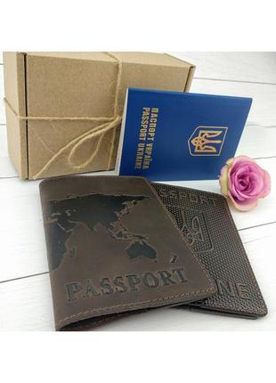 Подарунковий набір №35: обкладинка на паспорт "герб" + обкладинка на паспорт "карта" (коричневий)4 фото