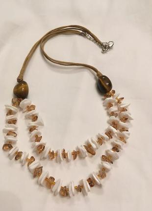 Колье ожерелье бусы винтаж натуральный камень тигровы глаз ракушка2 фото