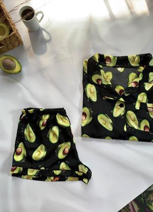Стильна шовкова піжама авокадо/шёлковая пижама авокадо/рубашка шорты5 фото