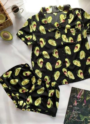 Стильна шовкова піжама авокадо/шёлковая пижама авокадо/рубашка шорты1 фото