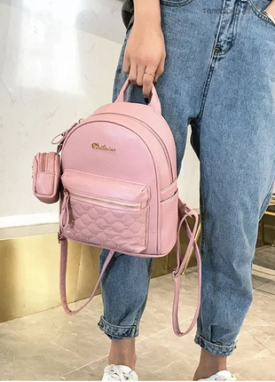 Женский стильный небольшой кожаный розовый рюкзак портфель шкіряний ранець сумка 2в12 фото