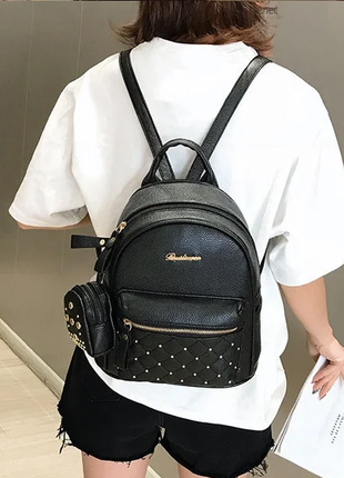 Женский стильный небольшой кожаный черный рюкзак портфель шкіряний ранець сумка 2в12 фото
