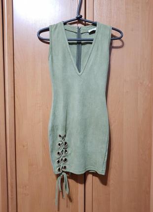 Стильное обтягивающие мини платье, оливковое "замшевое" платье, сукня по фигуре oh polly1 фото