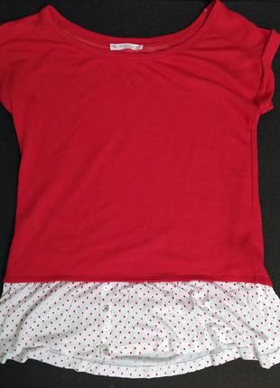 Красная блузка футболка bershka с оборкой в горошек1 фото