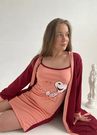 Розпродаж ‼️халат з нічною сорочкою snoopy бордовий