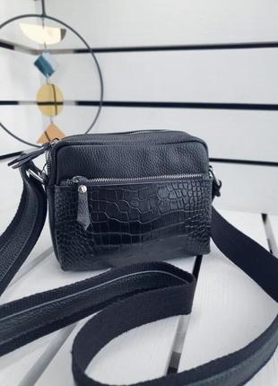 Чорна сумка чорного кольору жіноча шкіряна через плече з ручками на блискавці річна шкіра
