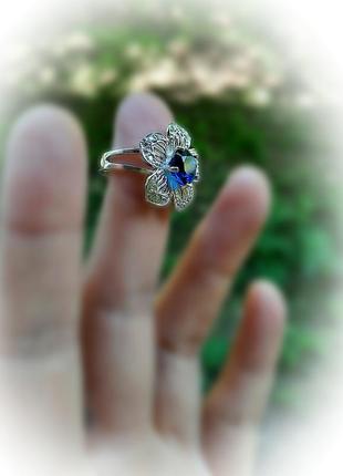 🫧 17 ; 17.5 ; 18 размер кольцо серебро цветок фианит синий4 фото