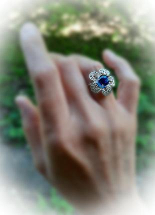 🫧 17 ; 17.5 ; 18 размер кольцо серебро цветок фианит синий2 фото