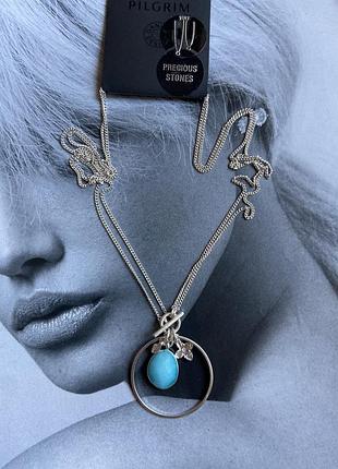 Цепочка с кулоном посеребрённое pilgrim аквамарин