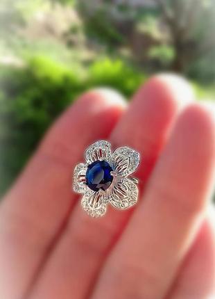 🫧 17 ; 17.5 ; 18 розмір кільце срібло квітка фіаніт синій 6