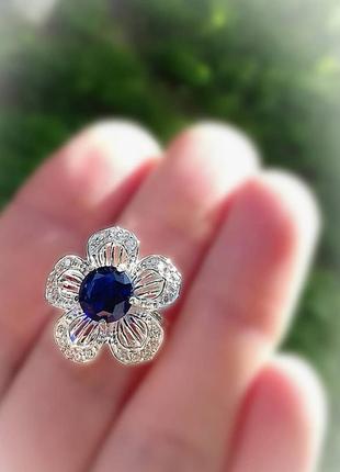 🫧 17 ; 17.5 ; 18 размер кольцо серебро цветок фианит синий5 фото