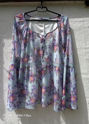 Легкая шифоновая блуза, туника в стиле бохо с кружевными вставками