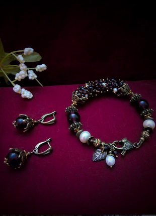 Браслет і сережки натуральний гранат натуральний бароковий перли подарунок свято новий рік 8марта