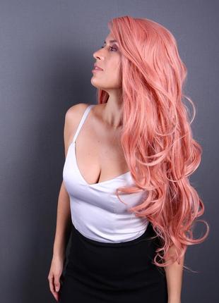 Парик коралловый женский длинный с мягкими кудрями на сетке из термоволос