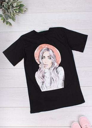Стильная черная футболка с рисунком принтом девушка оверсайз большой размер батал