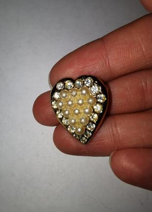 Американская винтажная брошь сердце со стразами кристаллы бусины жемчужины4 фото