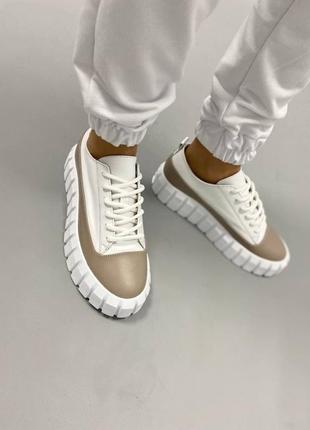 Кросівки-кеди натуральна шкіра трендові 930-3 коричневі білі сліпони мокасини лофери