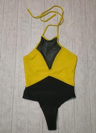 Яркий желтый секси цельный слитный купальник монокини бикини купальник сетка 20214 фото