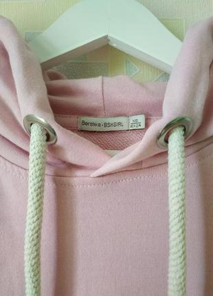 Світшот футболка подовжена сукня туніка bershka рукав "ліхтарик" рожева нюдовая коттон джгутом з капюшоном2 фото