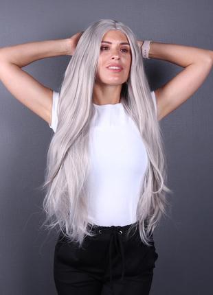 Перука платиновий блонд жіночий довгий прямий на сітці з термоволос