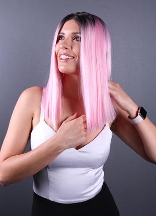 Парик zadira каре розовый женский короткий прямой на сетке с омбре из термоволос