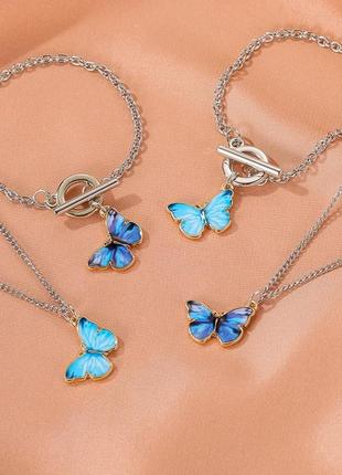Цепочка подвеска бабочка колье ожерелье с подвеской сине-голубая бабочка8 фото