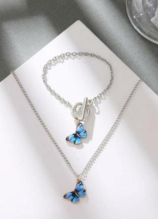 Цепочка подвеска бабочка колье ожерелье с подвеской сине-голубая бабочка7 фото