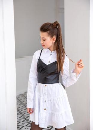 Платье-рубашка школьное белое с черным топом из эко-кожи на девочку-подростка рост 140-176