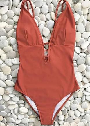 Купальник сдельный,  косичка, высокая талия,  суцільний