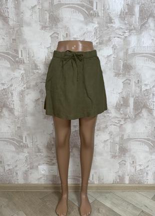 Льняная мини юбка хаки2 фото
