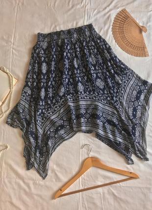 Дизайнерская разноуровневая синяя летняя юбка из натуральной вискозы (размер 40-42)1 фото