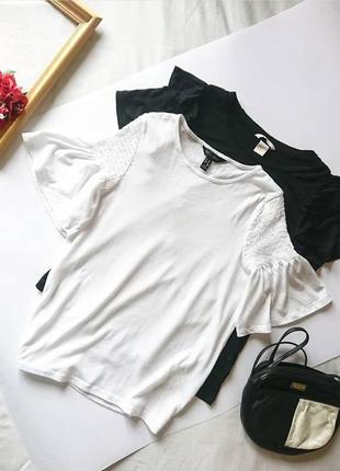 Біла базова котонова футболка/топ з резиночками та воланом на рукавах, р. xs/s