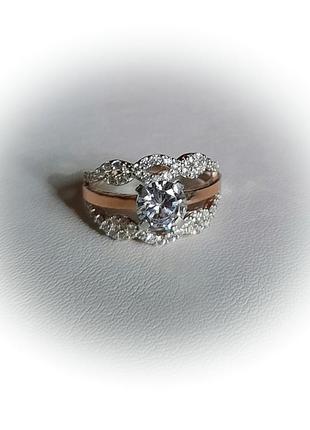 🫧 16.5 размер кольцо серебро с золотом золотая пластина фианит белый