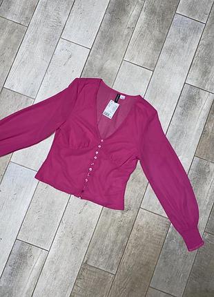 Ярко-розовая шифоновая блузка,объёмные рукава(014)