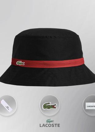 Панама lacoste bucket embroidery hat черная с красной полоской женская / мужская панамка