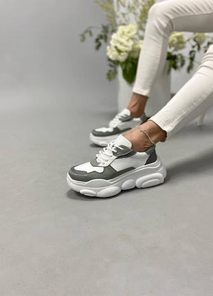 Кроссовки кеды натуральная кожа белый вставки мокасины лоферы на высокой подошве