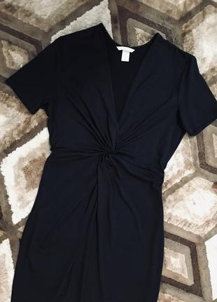 Платье миди с узлом прямое платье с переплетением короткий рукав чорна сукня5 фото