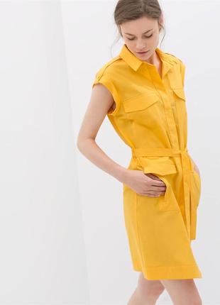 Желтое хлопковое платье рубашка с поясом от zara3 фото