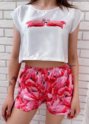 Шовковий комплект коротка футболка оверсайз і шорти принт 🦩 "фламінго" 🦩