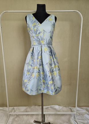 Фактурное платье сарафан цветочный принт голубое желтые цветы8 фото