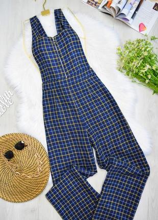 Комбинезон брючный в клетку синий комбез клёш клеш